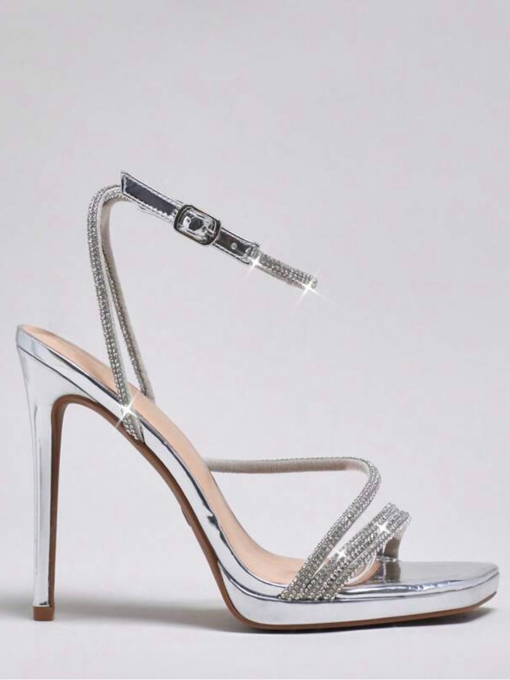 SHEIN Silver Rhinestone Ankle-Strap Stiletto Sandals
